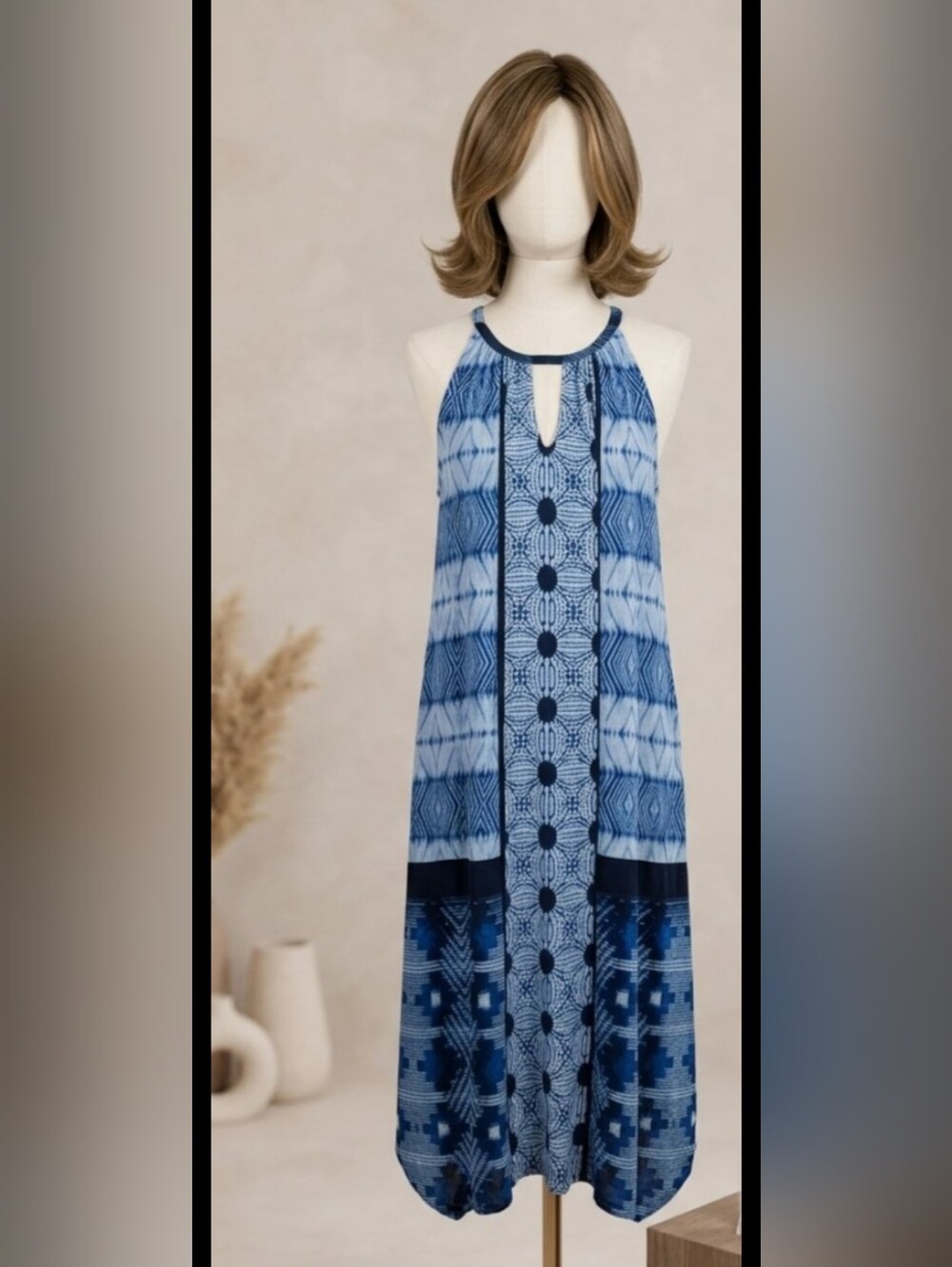 Chico's Blue Tie-Dye Patchwork Halter Trapeze Dress – Size Small / 0 Means 4-6